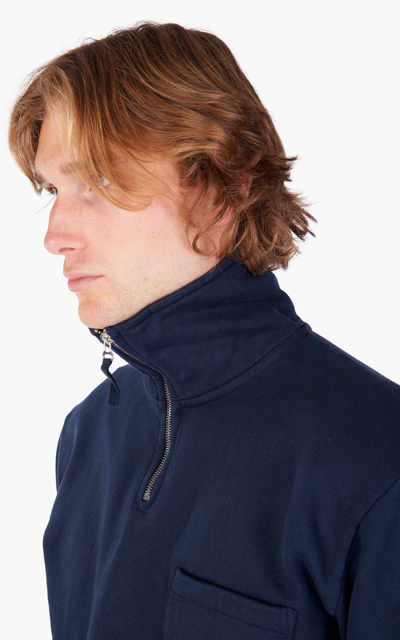 Universal Works Half Zip Sweatshirt Brushback Navy