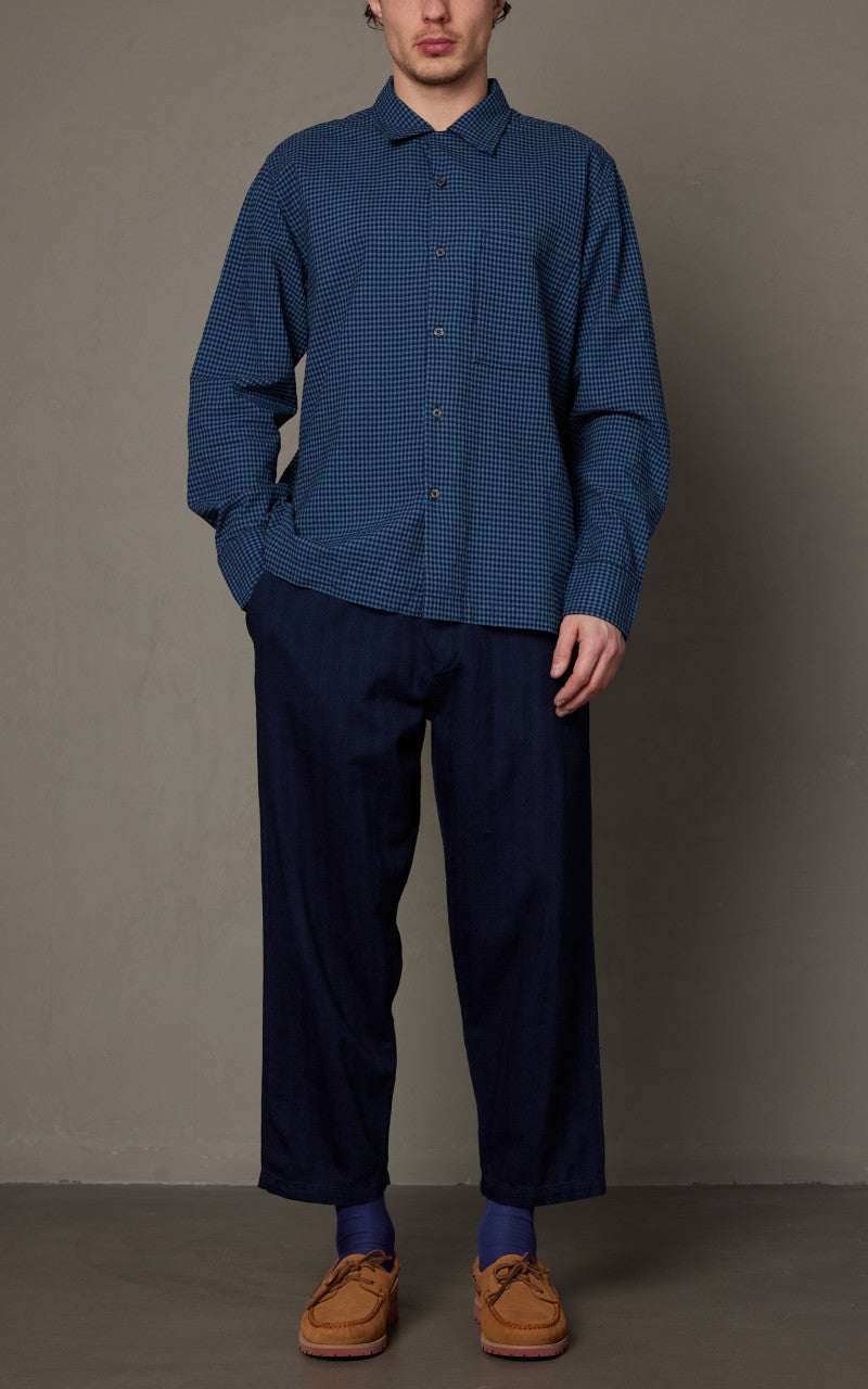 Universal Works L/S Camp Shirt Gingham Seersucker Navy