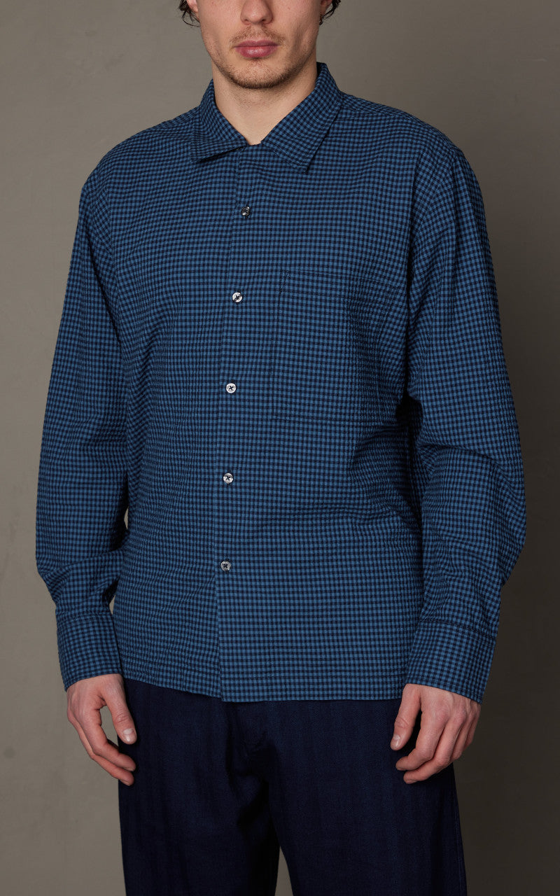 Universal Works L/S Camp Shirt Gingham Seersucker Navy
