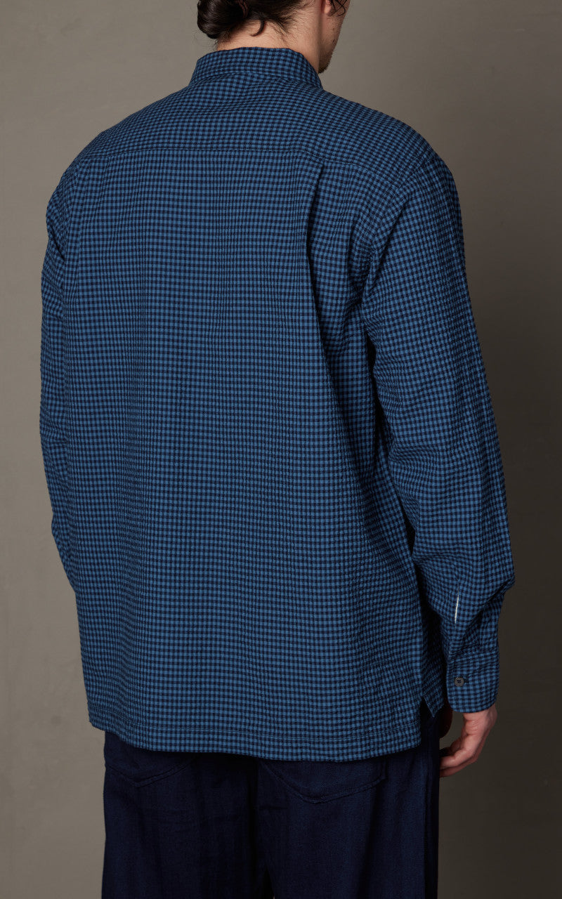 Universal Works L/S Camp Shirt Gingham Seersucker Navy