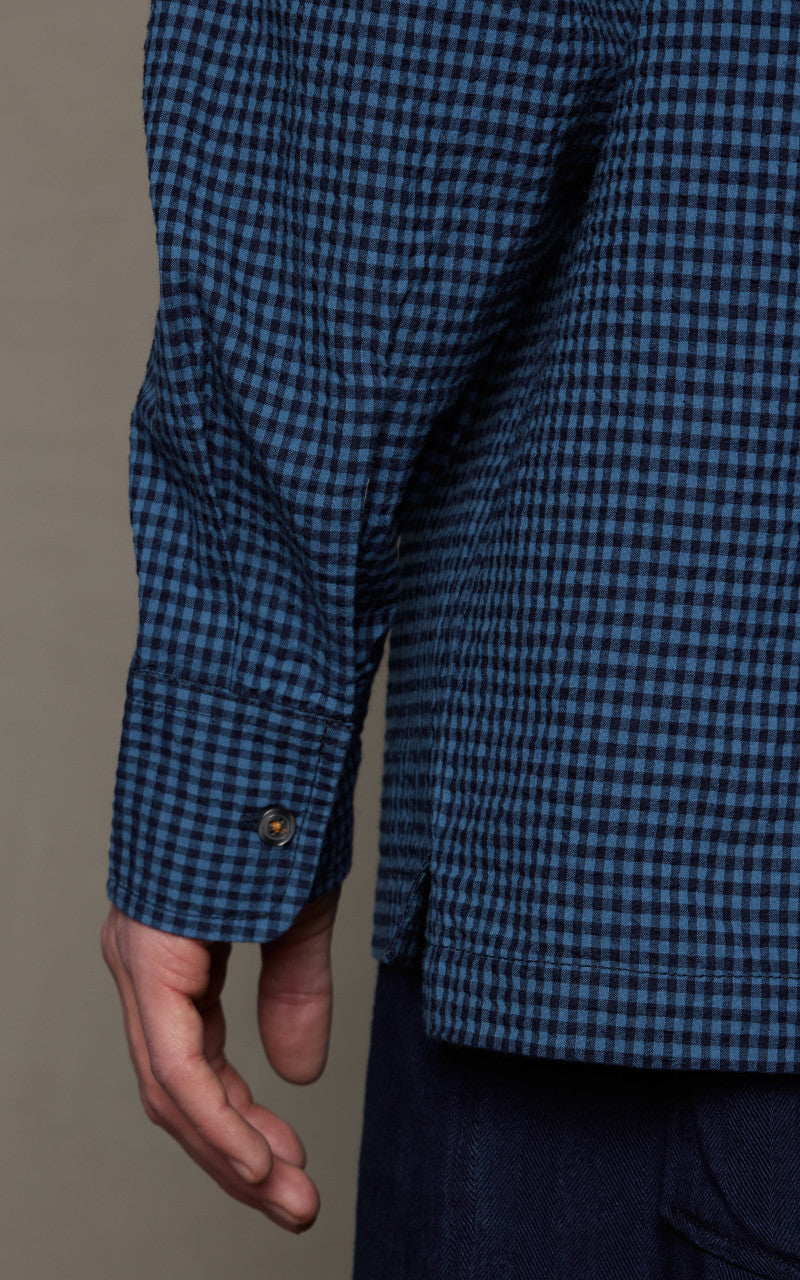 Universal Works L/S Camp Shirt Gingham Seersucker Navy