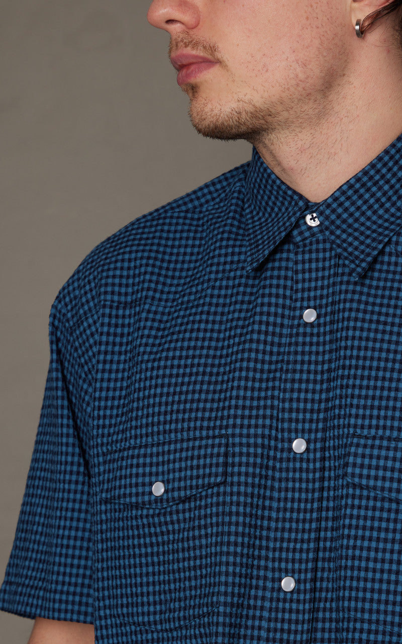 Universal Works Western Garage Shirt Gingham Seersucker Navy