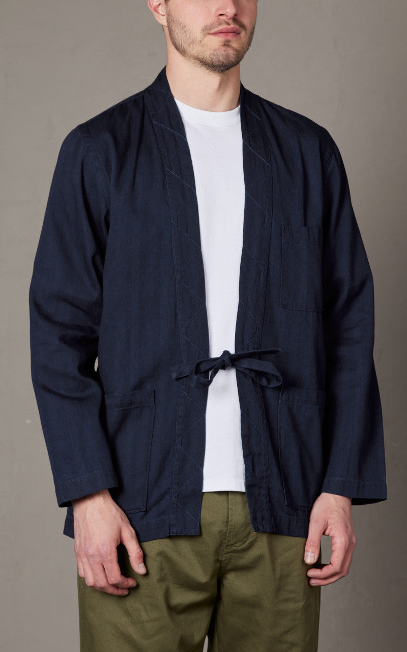 Universal Works Tie Front Jacket Herringbone Denim Indigo