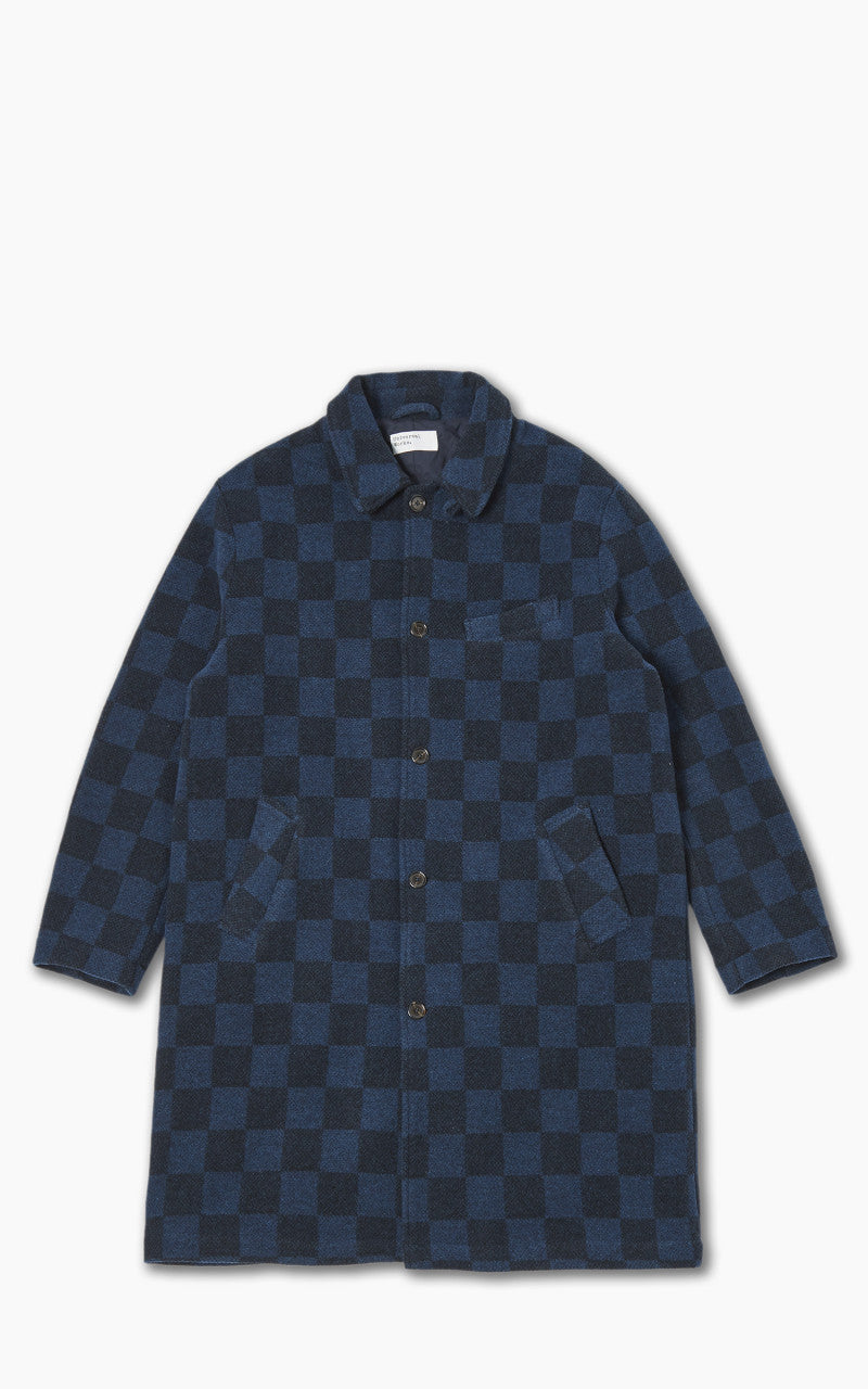 Universal Works Overcoat Checkboard Lambswool Navy