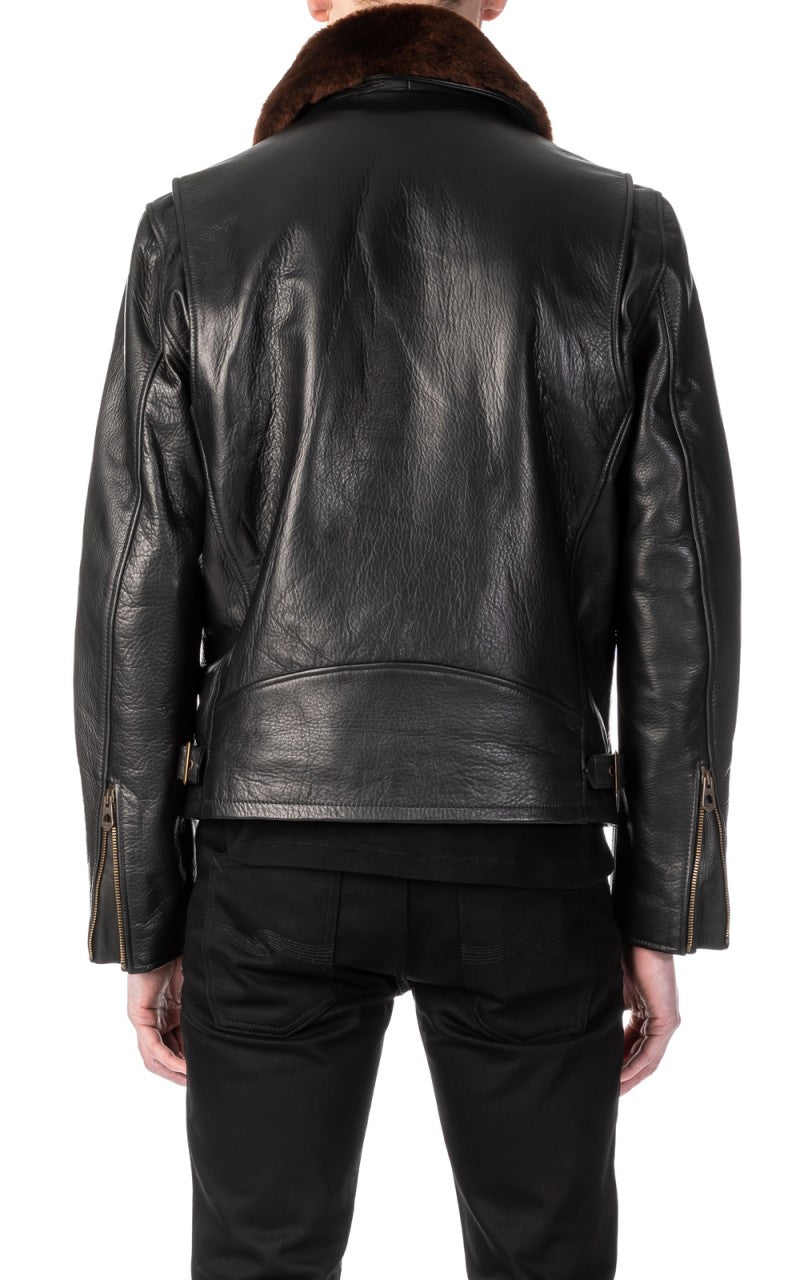 Shangri-La Heritage Varenne Fur Collar Leather Jacket Black