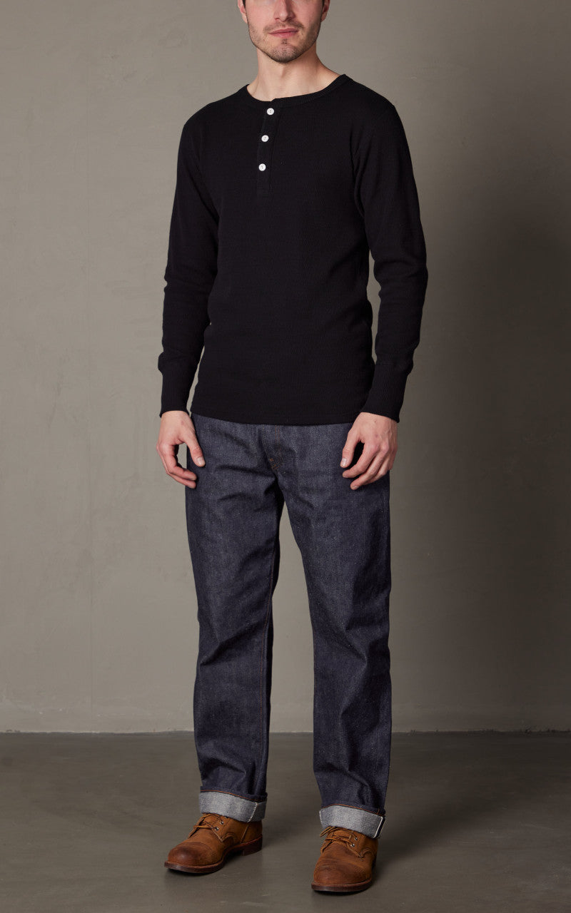 Warehouse & Co. Lot 5904 Waffle-Knit Henley Neck Long Sleeve T-Shirt Black