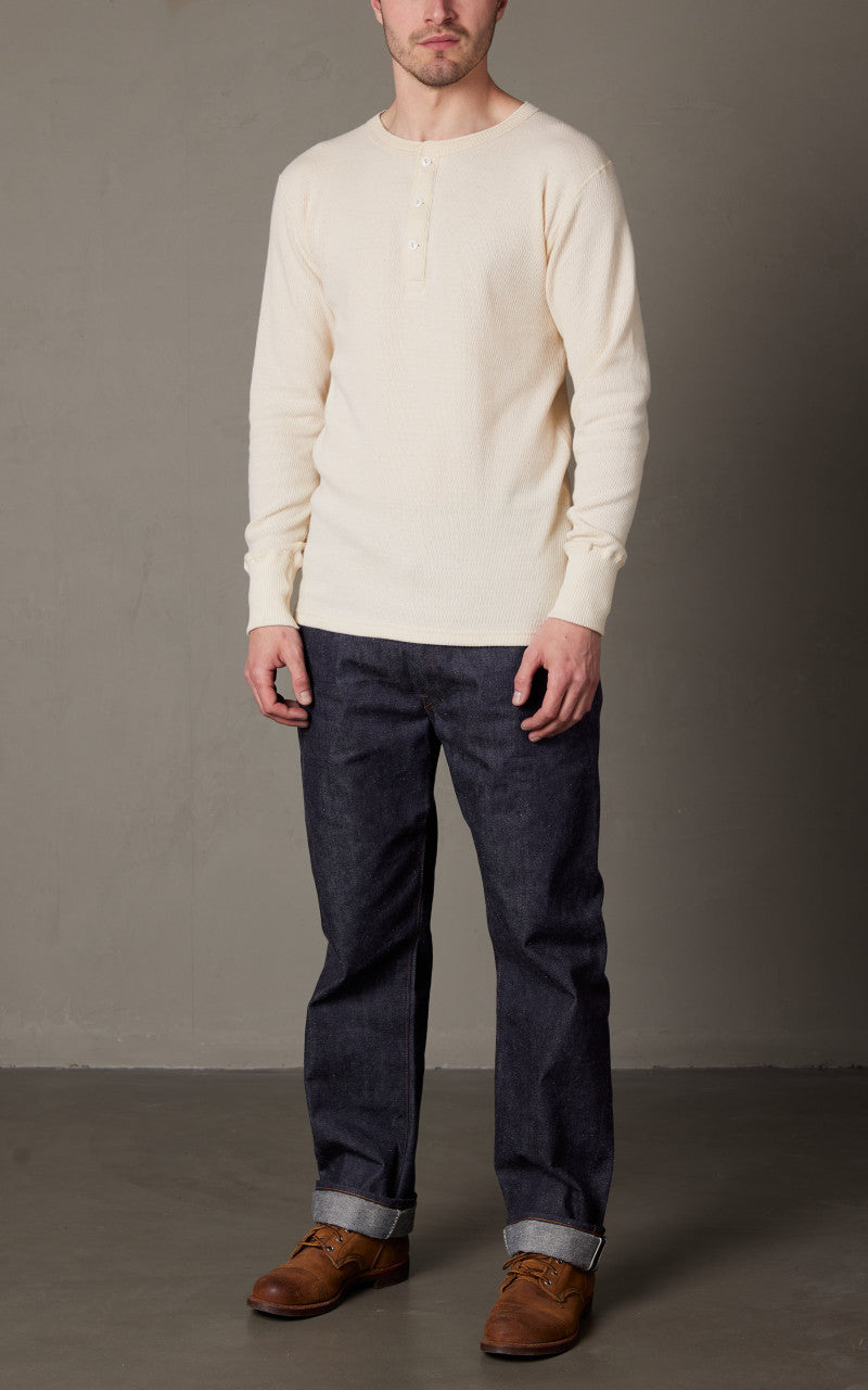 Warehouse & Co. Lot 5904 Waffle-Knit Henley Neck Long Sleeve T-Shirt Natural