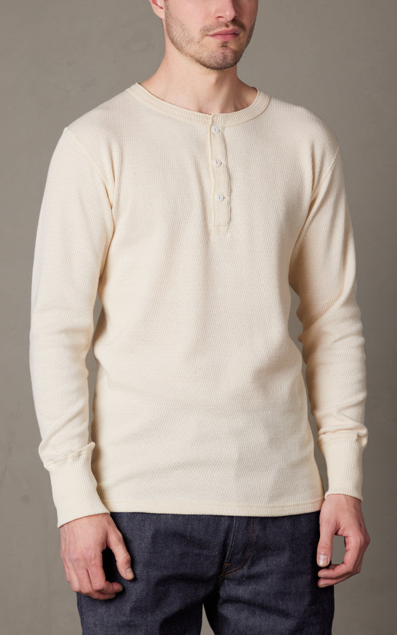 Warehouse & Co. Lot 5904 Waffle-Knit Henley Neck Long Sleeve T-Shirt Natural