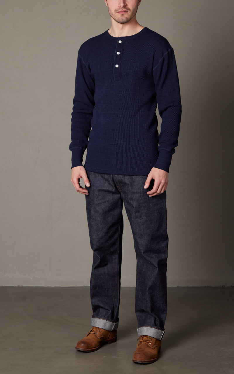Warehouse & Co. Lot 5912 Waffle-Knit Henley Neck Long Sleeve T-Shirt Indigo
