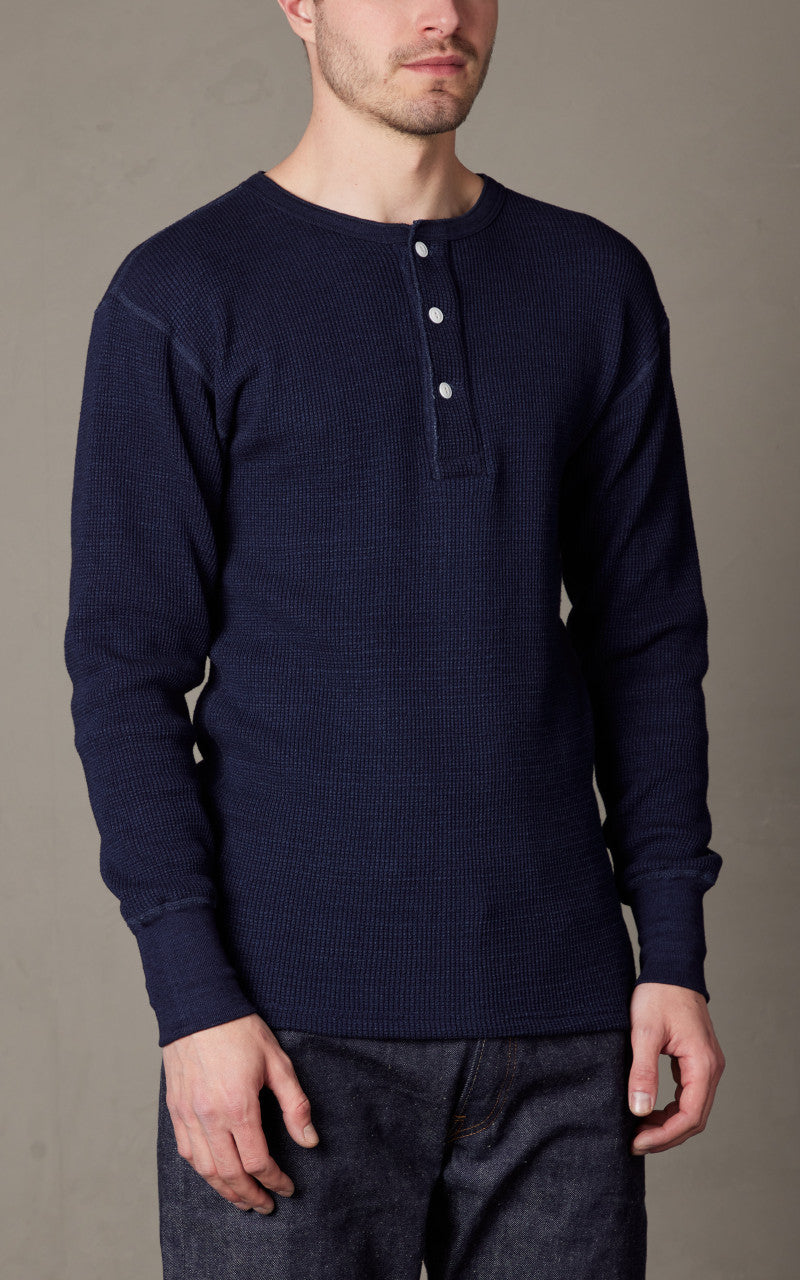 Warehouse & Co. Lot 5912 Waffle-Knit Henley Neck Long Sleeve T-Shirt Indigo