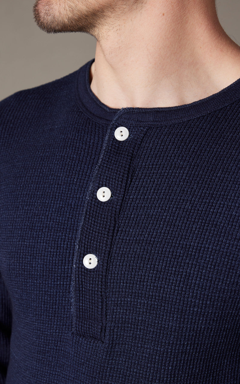 Warehouse & Co. Lot 5912 Waffle-Knit Henley Neck Long Sleeve T-Shirt Indigo