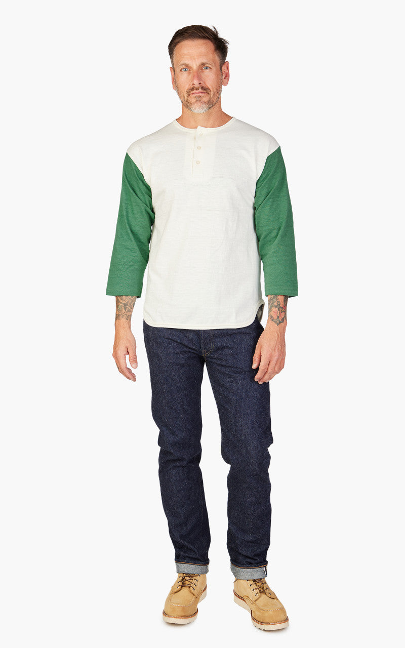 Warehouse & Co. Lot 4058 Three Quarter Baseball Henley T-Shirt Cream/Light Green