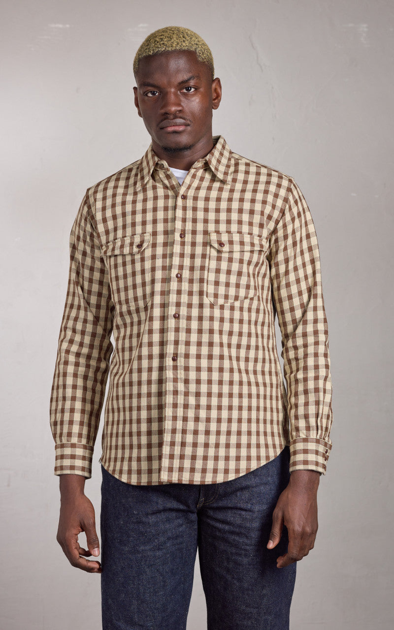 Warehouse & Co. Lot 3052 Long Horn Type Flannel Western Shirt Brown Check