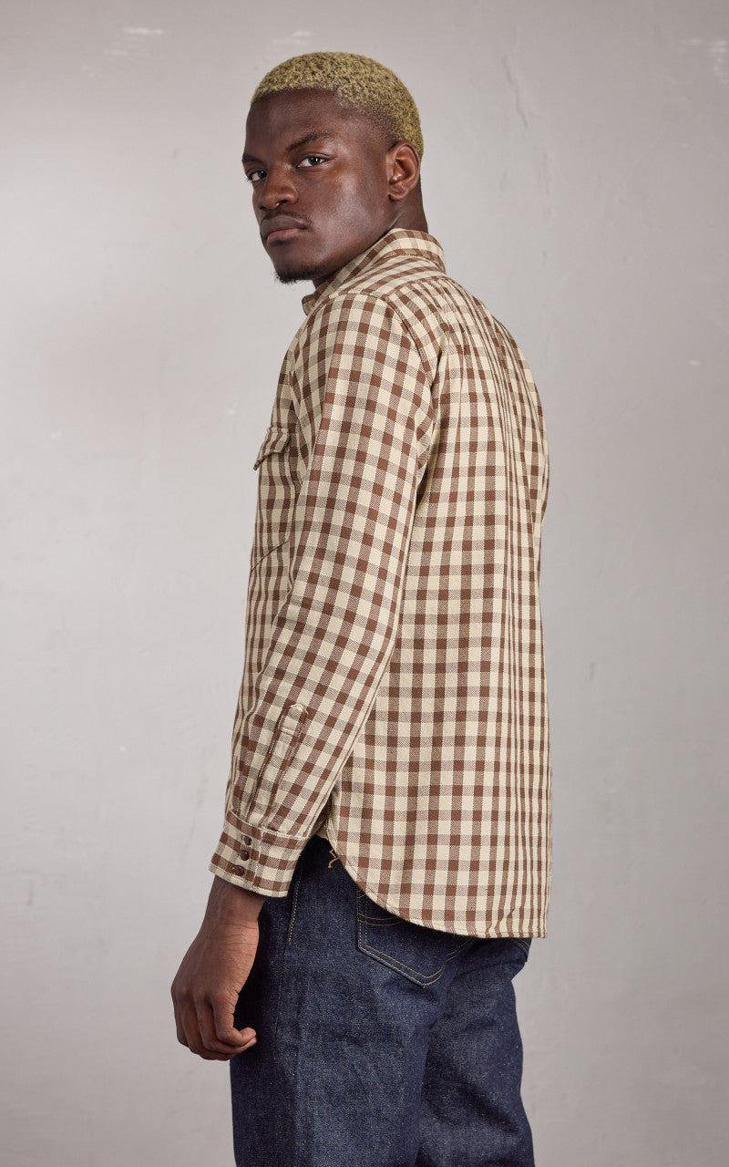 Warehouse & Co. Lot 3052 Long Horn Type Flannel Western Shirt Brown Check