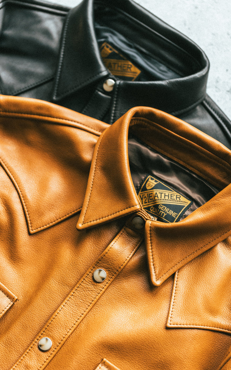 Y'2 Leather Steer Oil Leather Western Shirt Camel