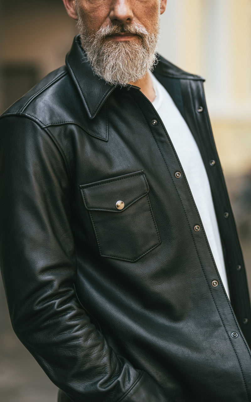 Y'2 Leather Steer Oil Leather Western Shirt Black