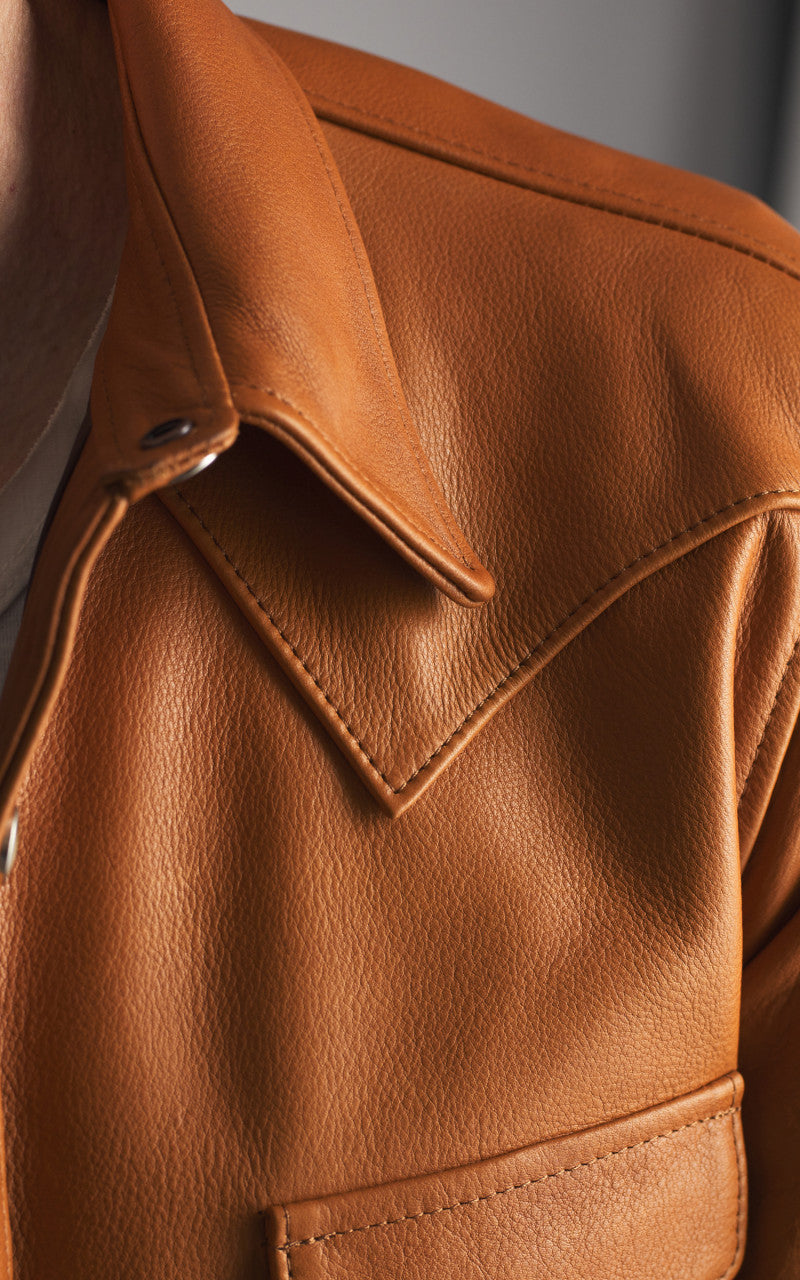 Y'2 Leather Steer Oil Leather Western Shirt Camel