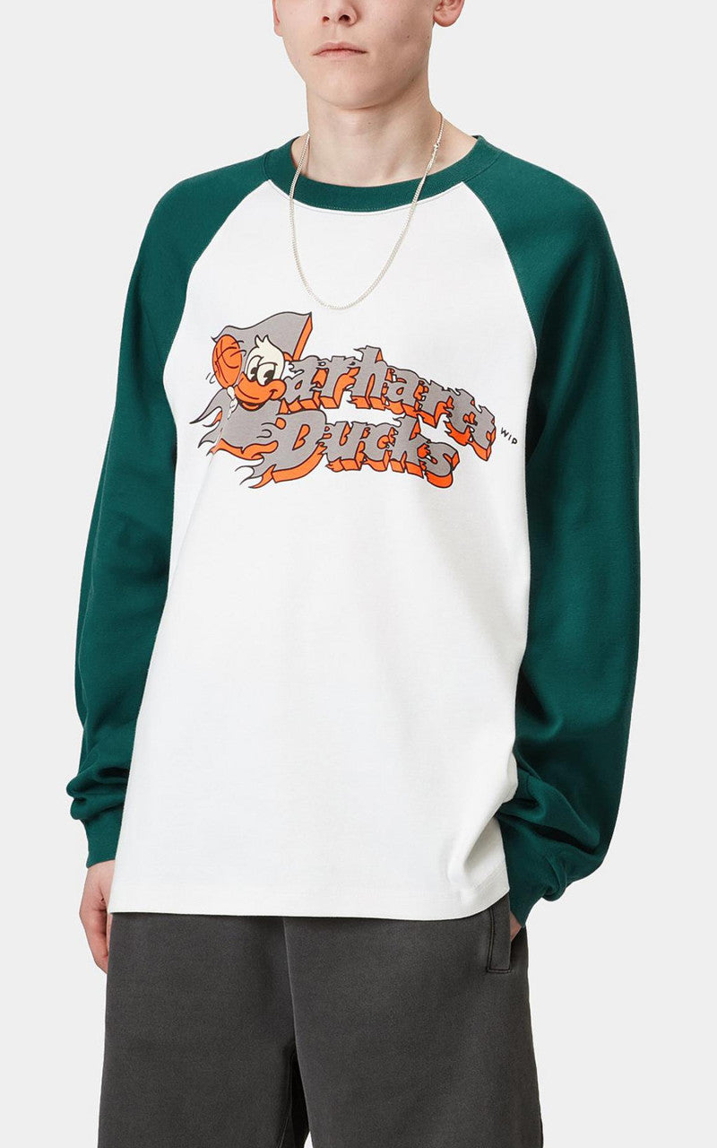 Carhartt WIP L/S Flaming Ducks Baseball T-Shirt White/Rainforest
