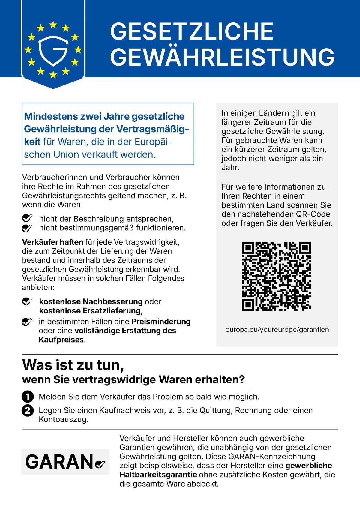Gesetzliche Gewährleistung: Mindestens zwei Jahre gesetzliche Gewährleistung für Waren, die in der Europäischen Union verkauft werden