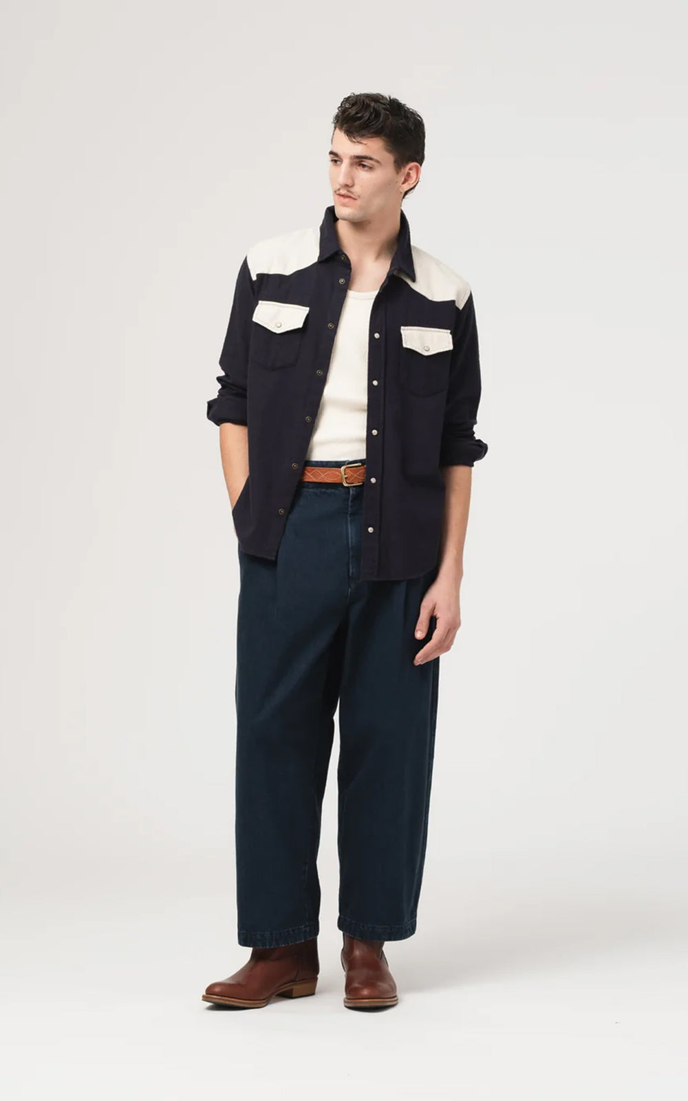 Eat Dust Western Shirt Slub Cotton Navy/Off White