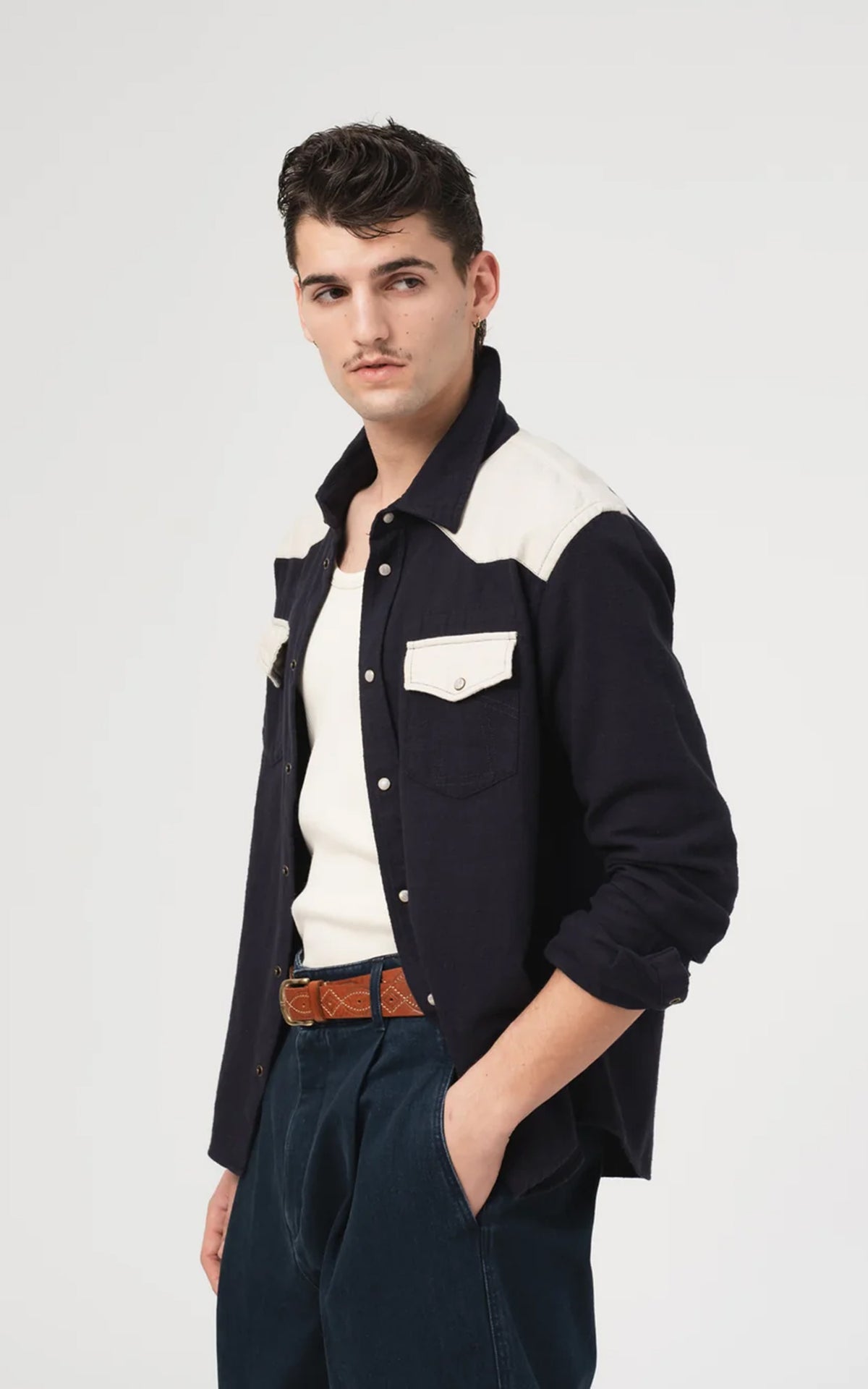 Eat Dust Western Shirt Slub Cotton Navy/Off White