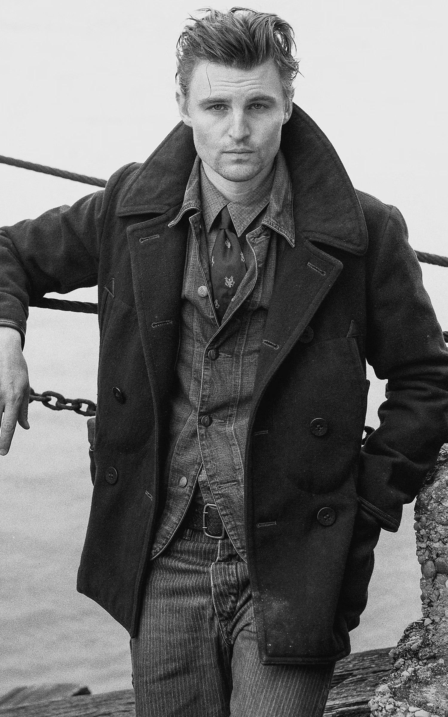 RRL Leather-Trim Wool-Blend Peacoat Vintage Navy