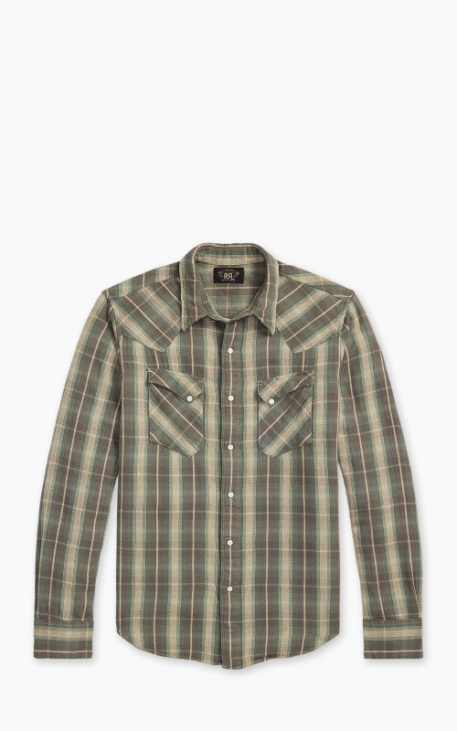 RRL Slim Fit Plaid Twill Western Shirt Green/Grey