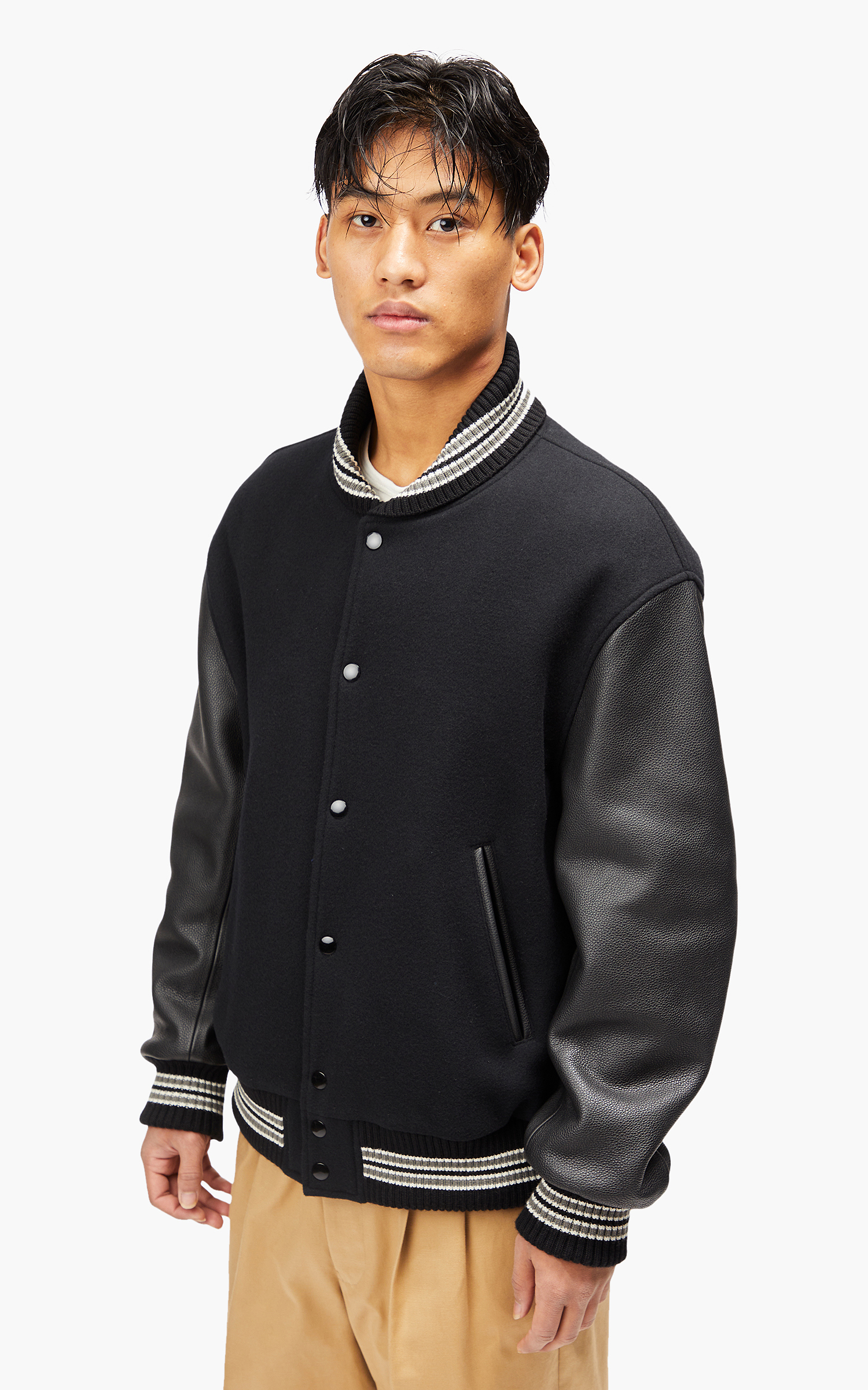 Scye Super140 Wool Melton Varsity Jacket Black | Cultizm