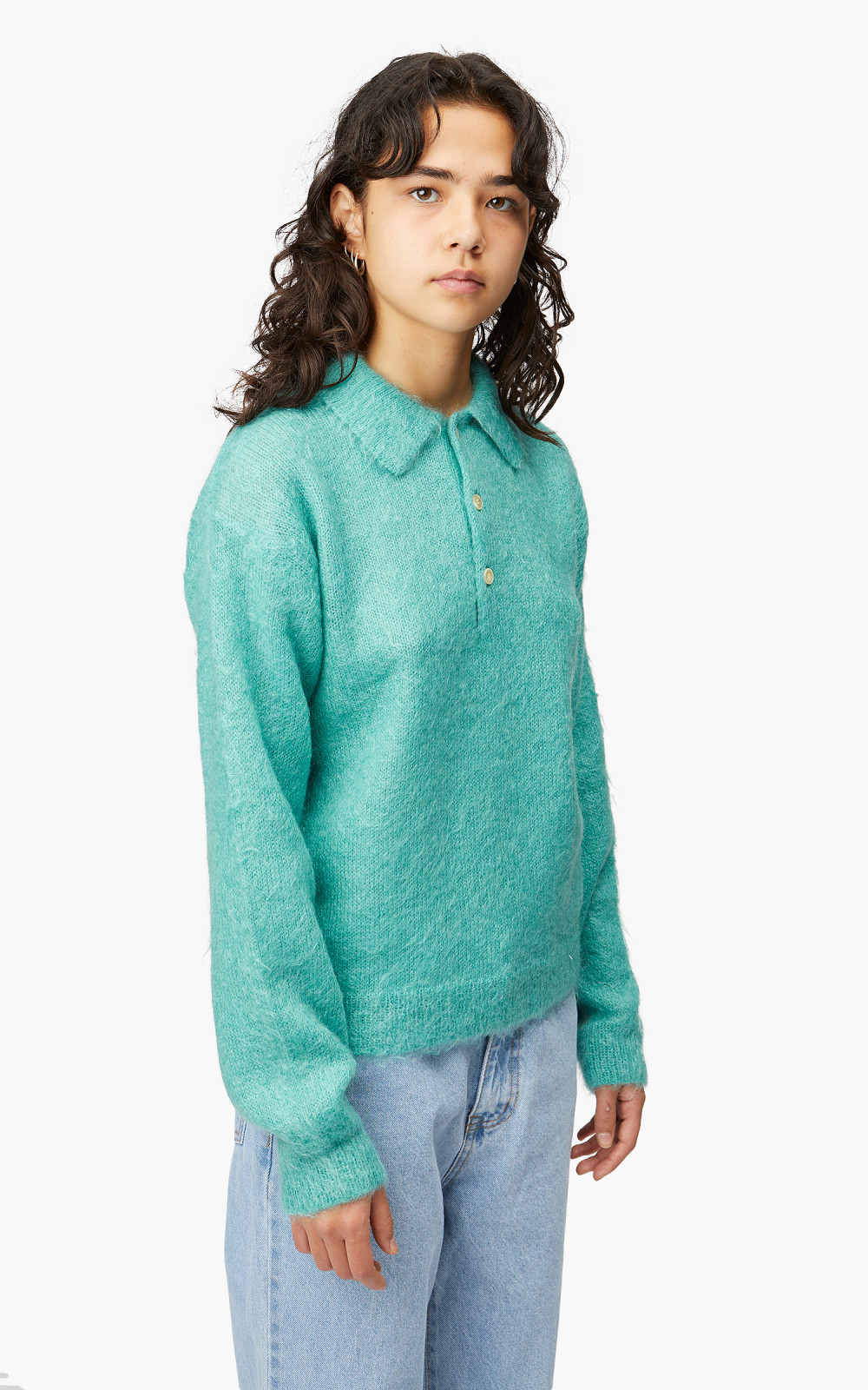 Auralee W Brushed Super Kid Mohair Knit Polo Blue | Cultizm