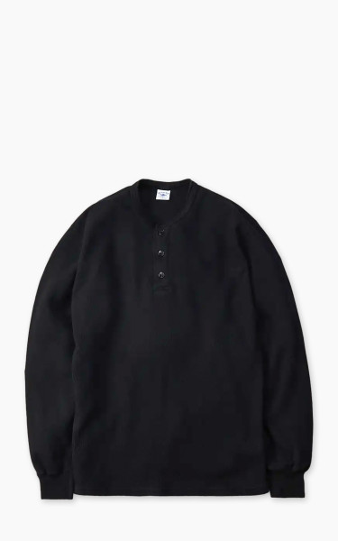 The Flat Head FN-THLH-004 Waffle Knit Henley Thermal Black