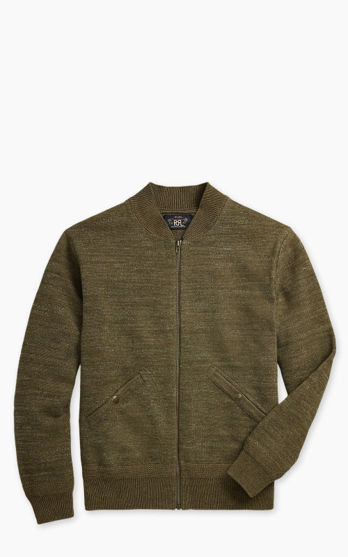 RRL Cotton Wool Full Zip Cardigan Sweater Olive Heather