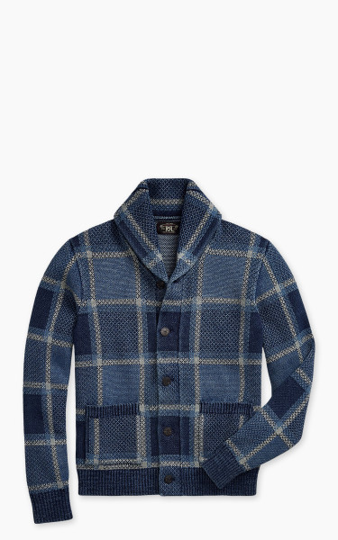 RRL Indigo Plaid Shawl Collar Cardigan Blue Multi