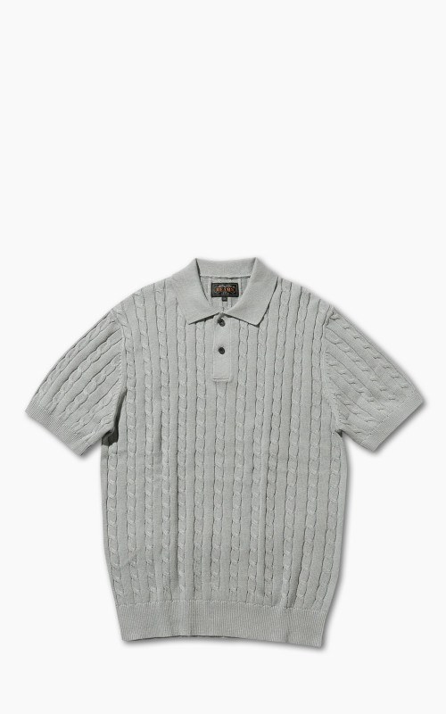 Beams Plus Linen Cotton Cable Knit Polo Shirt Ice Blue