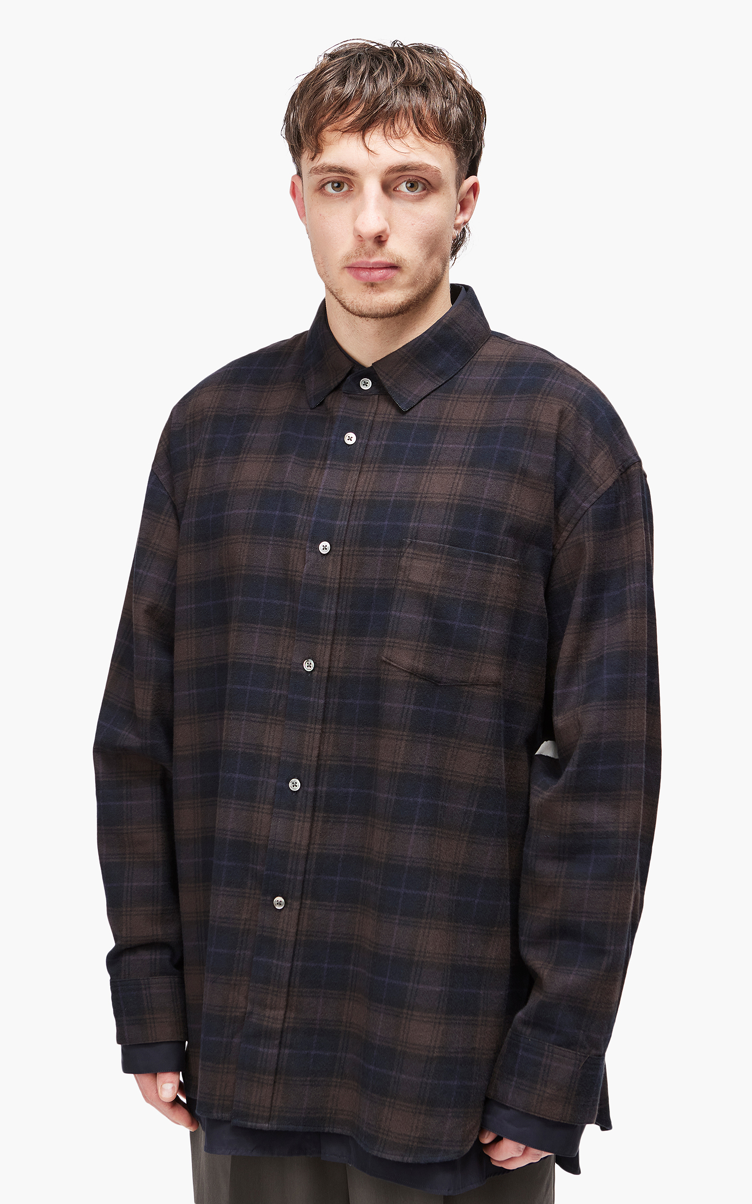 stein Oversized Layered Flannel Shirt Dark Navy Check | Cultizm