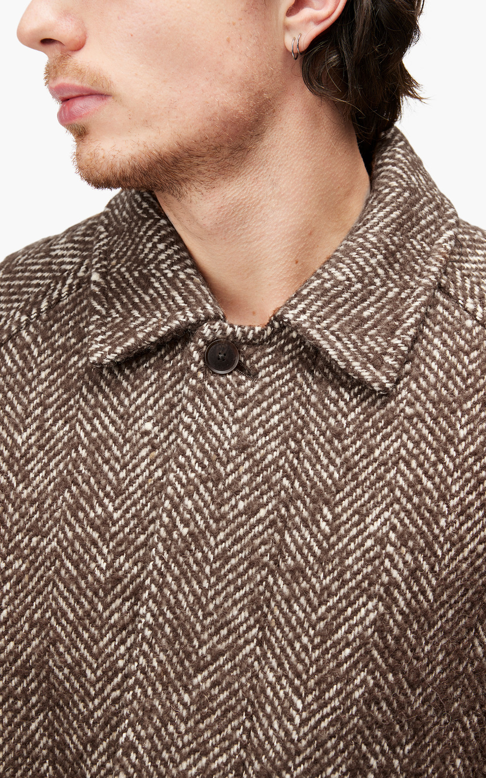 Auralee Wool Alpaca Herringbone Tweed Soutien Collar Coat Brown Herringbone  | Cultizm