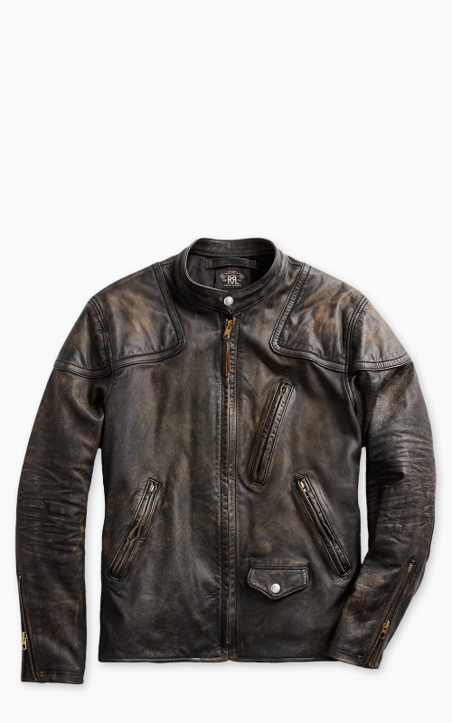 RRL Watts Slim Fit Leather Moto Jacket Black