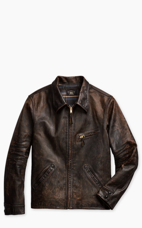 RRL Lynton Moto Leather Jacket Black Over Brown