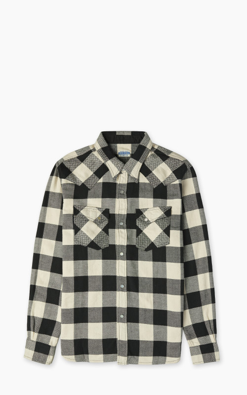 The Flat Head FN-SNW-101L Block Check Flannel Western Shirt Ivory/Black