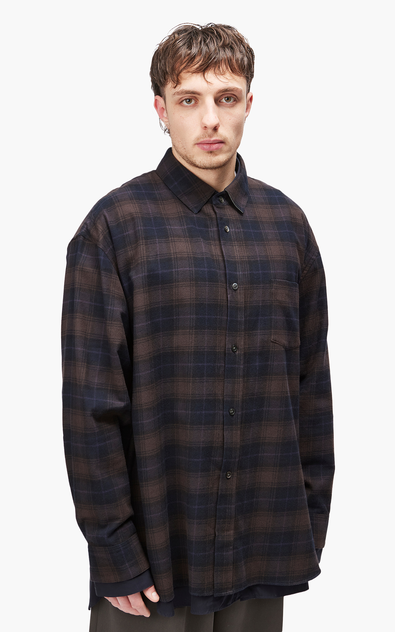 stein Oversized Layered Flannel Shirt Dark Navy Check | Cultizm