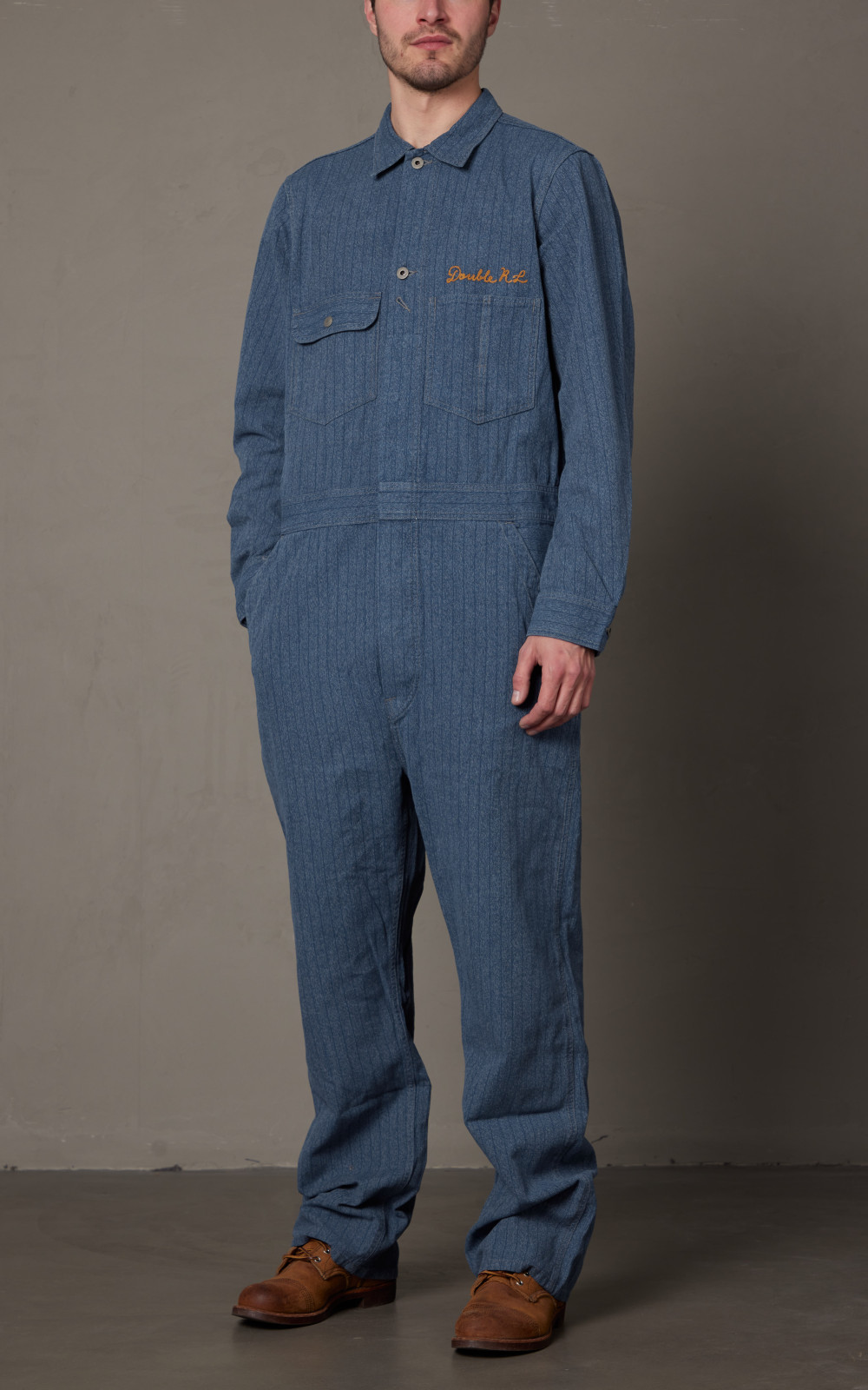 RRL Embroidered Jaspe Twill Coverall Navy/White | Cultizm