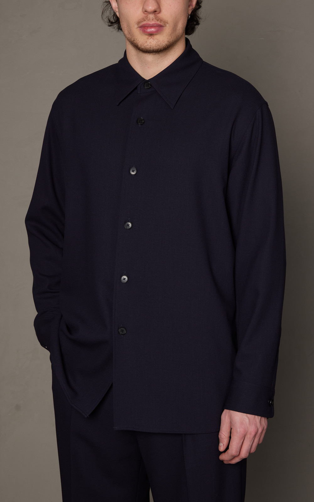 Auralee Hard Twist Wool Dobby Shirt Dark Navy | Cultizm