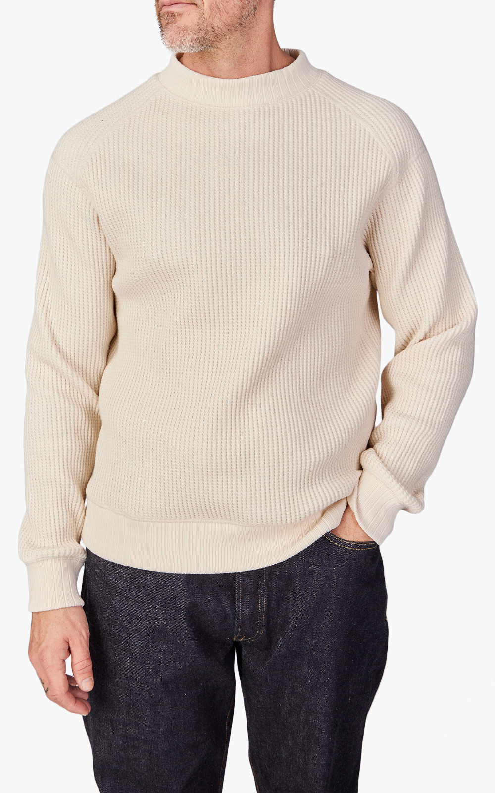 Jackman Waffle Mid-neck Sweatshirt Ivory | Cultizm