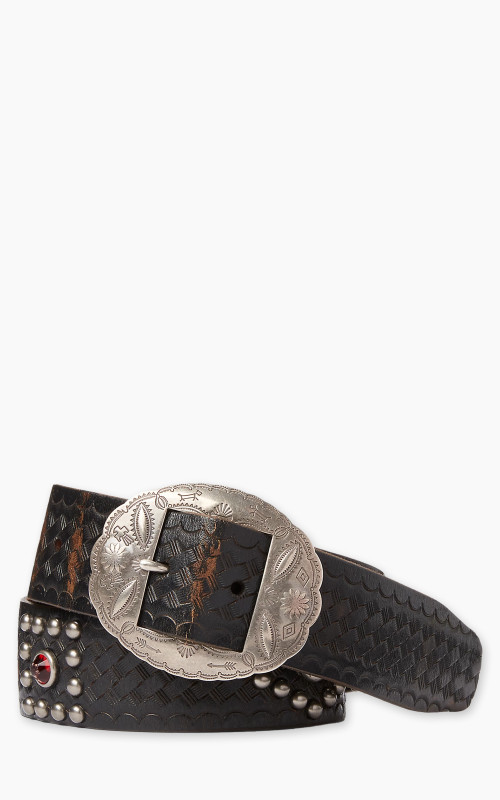 RRL Garrison Studded Leather Belt Black Over Brown