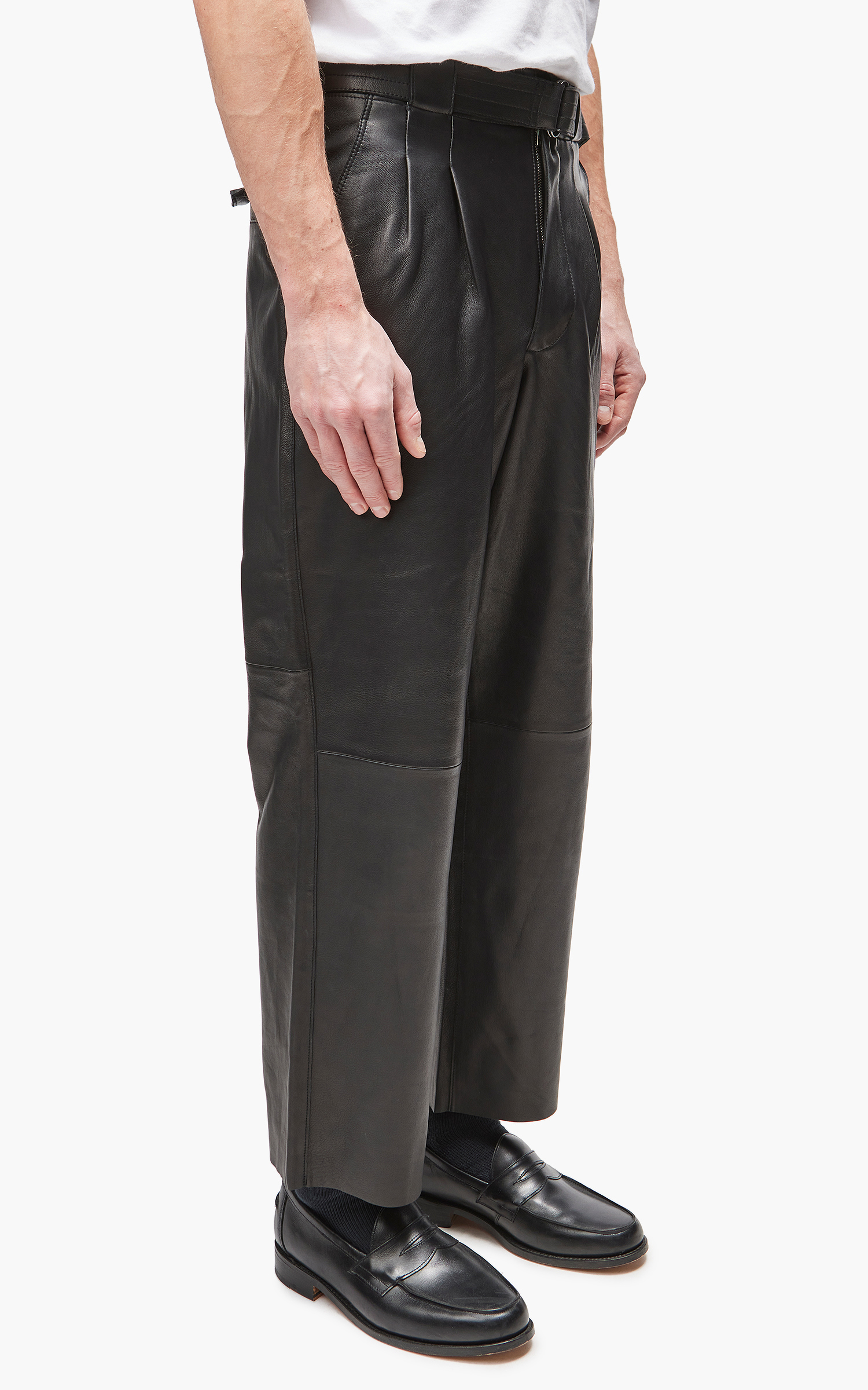 YOKE BELTED LEATHER 2TUCK TROUSERS-